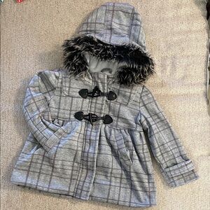 Me Jane Mini Gray Plaid Kids Pea Coat with zipper, pockets, removable Fur Hood